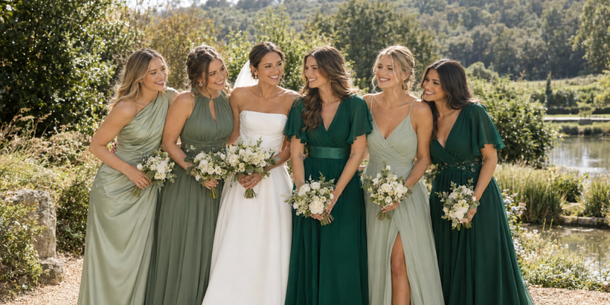 Bridesmaids wearing different shades of green dresses with matching cream bouquets in a garden wedding setting