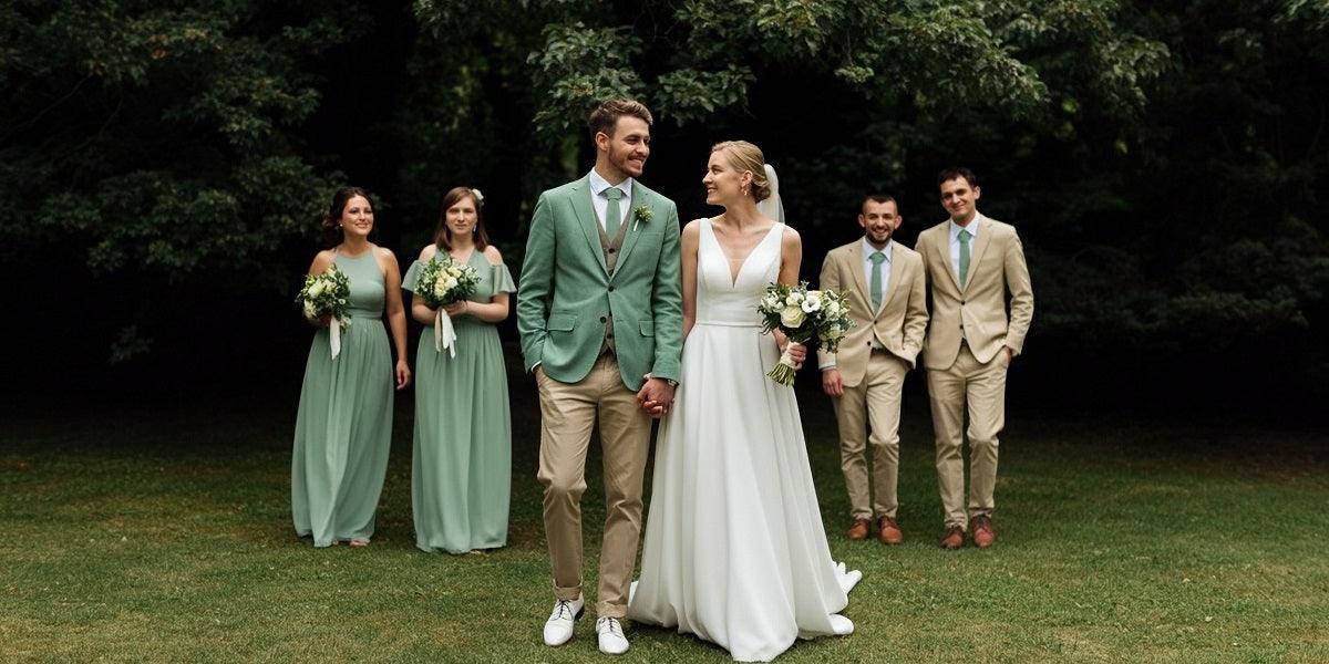 Sage Green Bridesmaid Dresses and matching suits