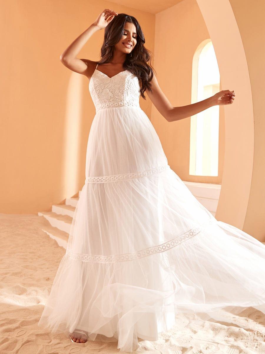 Bohemian Lace A-Line Wedding Dress with Spaghetti Straps #color_White Bohemian Lace A-Line Wedding Dress with Spaghetti Straps