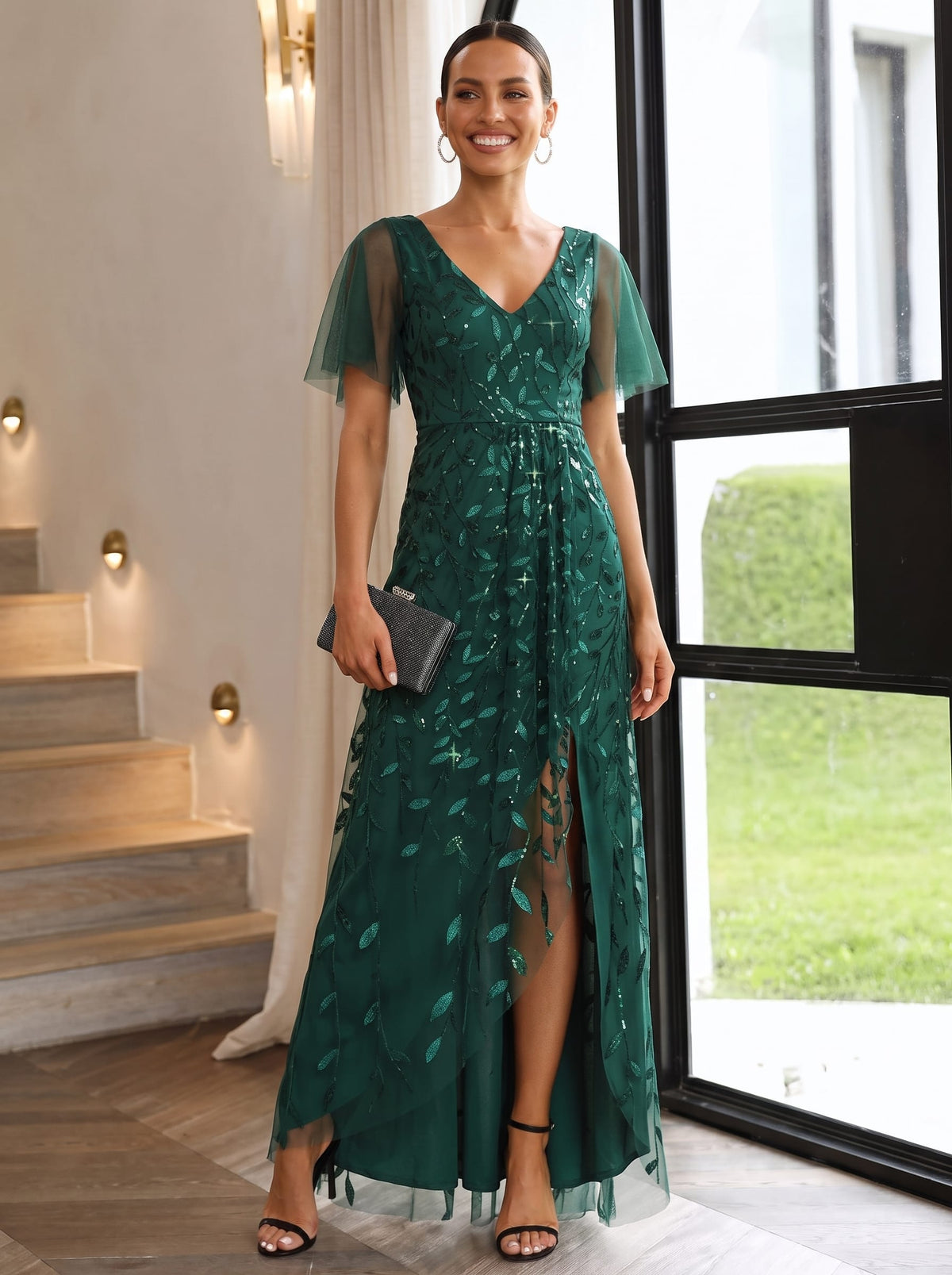 V-Neck Sequined Wedding Guest Dresses with High Slit #color_Dark Green
