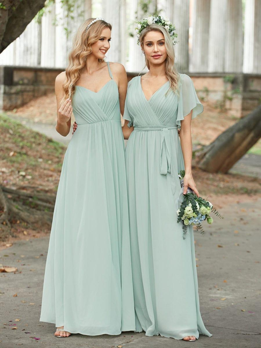 Chiffon Pleated V-Neck Flutter Sleeve Maxi Bridesmaid Dress In Sage Green #color_Mint Green
