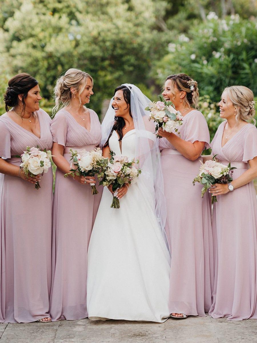 Long Empire Waist Bridesmaid Dress with Short Flutter Sleeves #color_Lilac