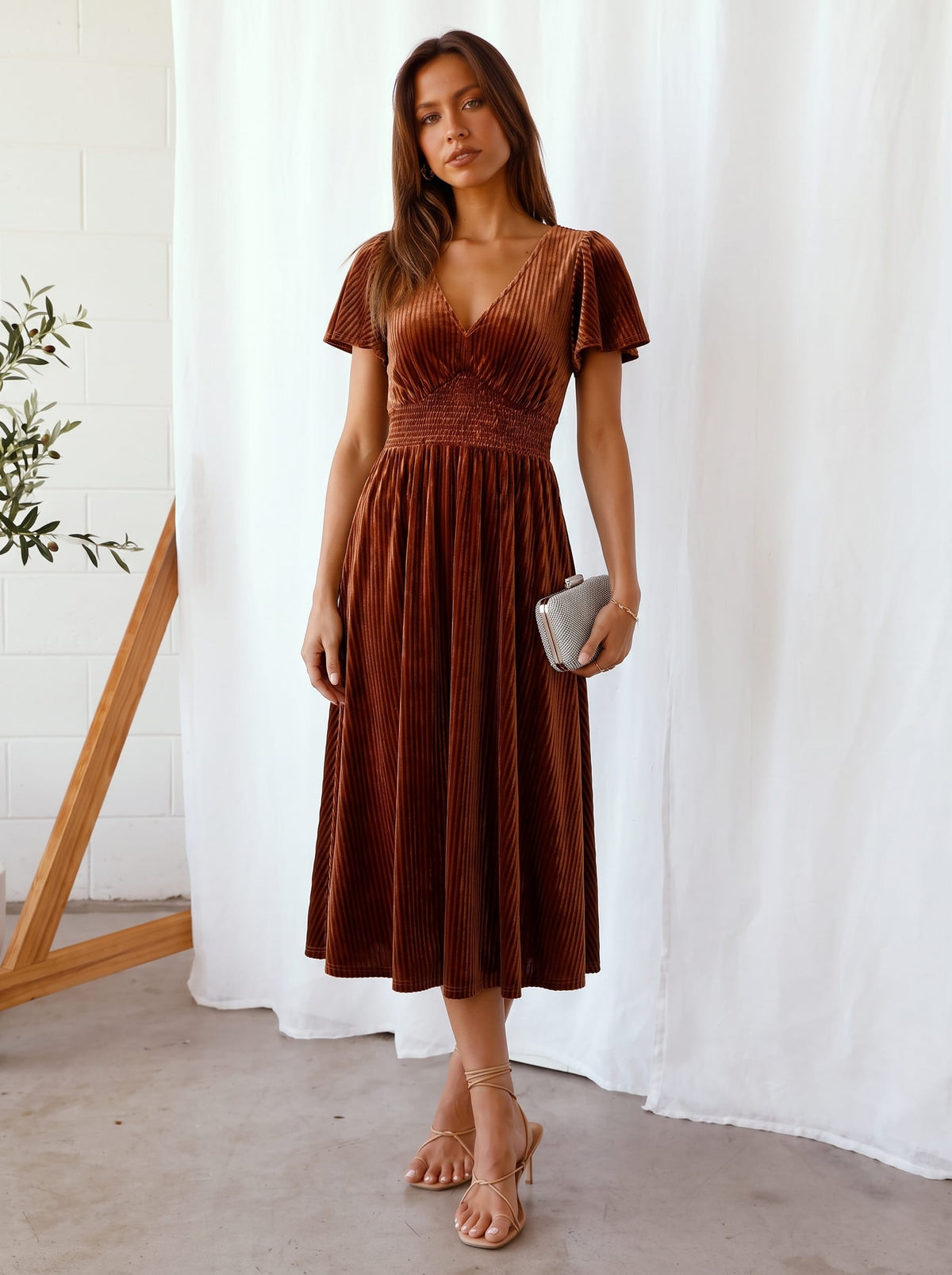 Striped Velvet Flutter Sleeves V-Neck Midi Wedding Guest Dress #color_Caramel