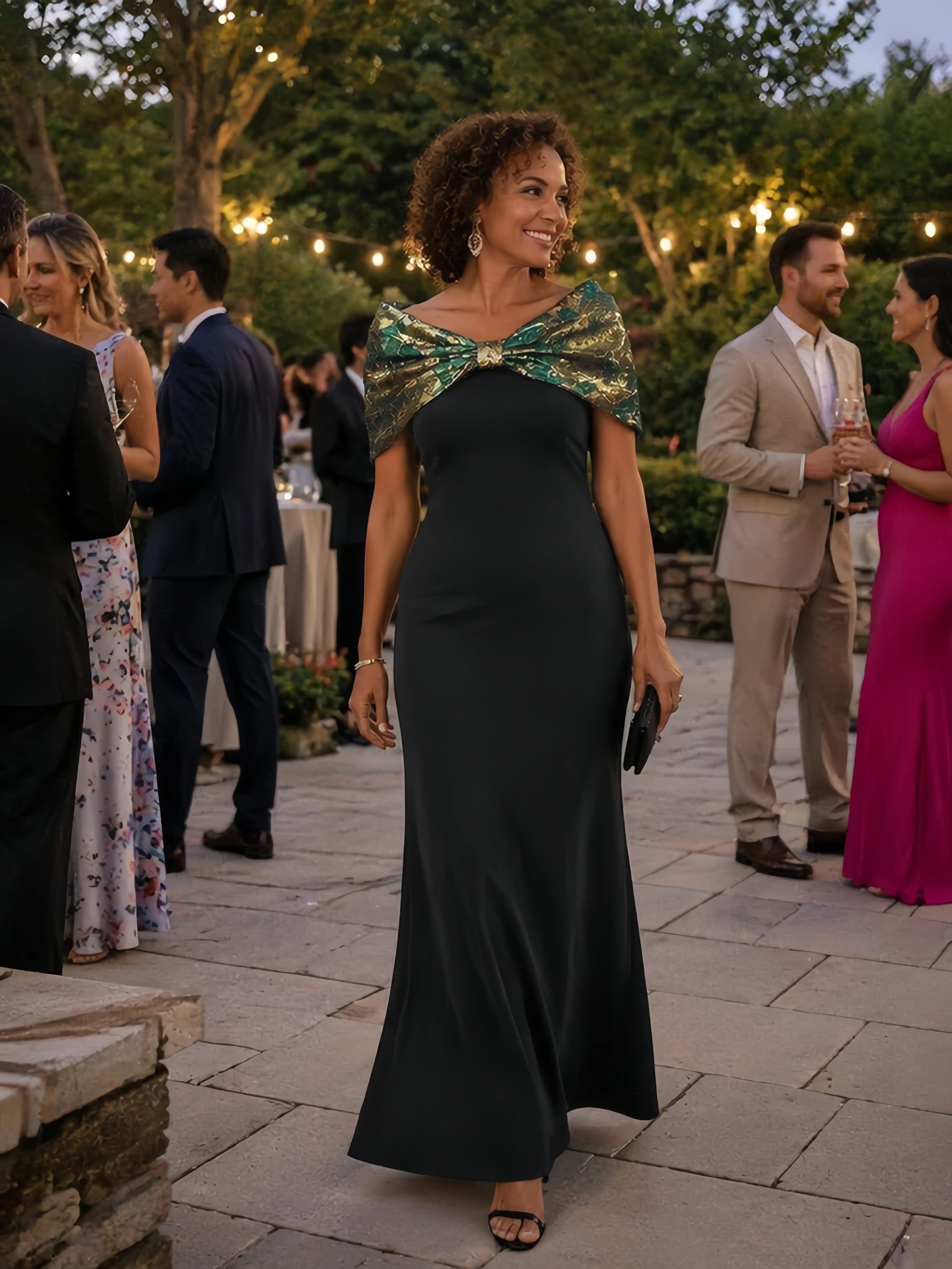 Knotted Jacquard Cape Sleeve Dress #color_Dark Green/Gold