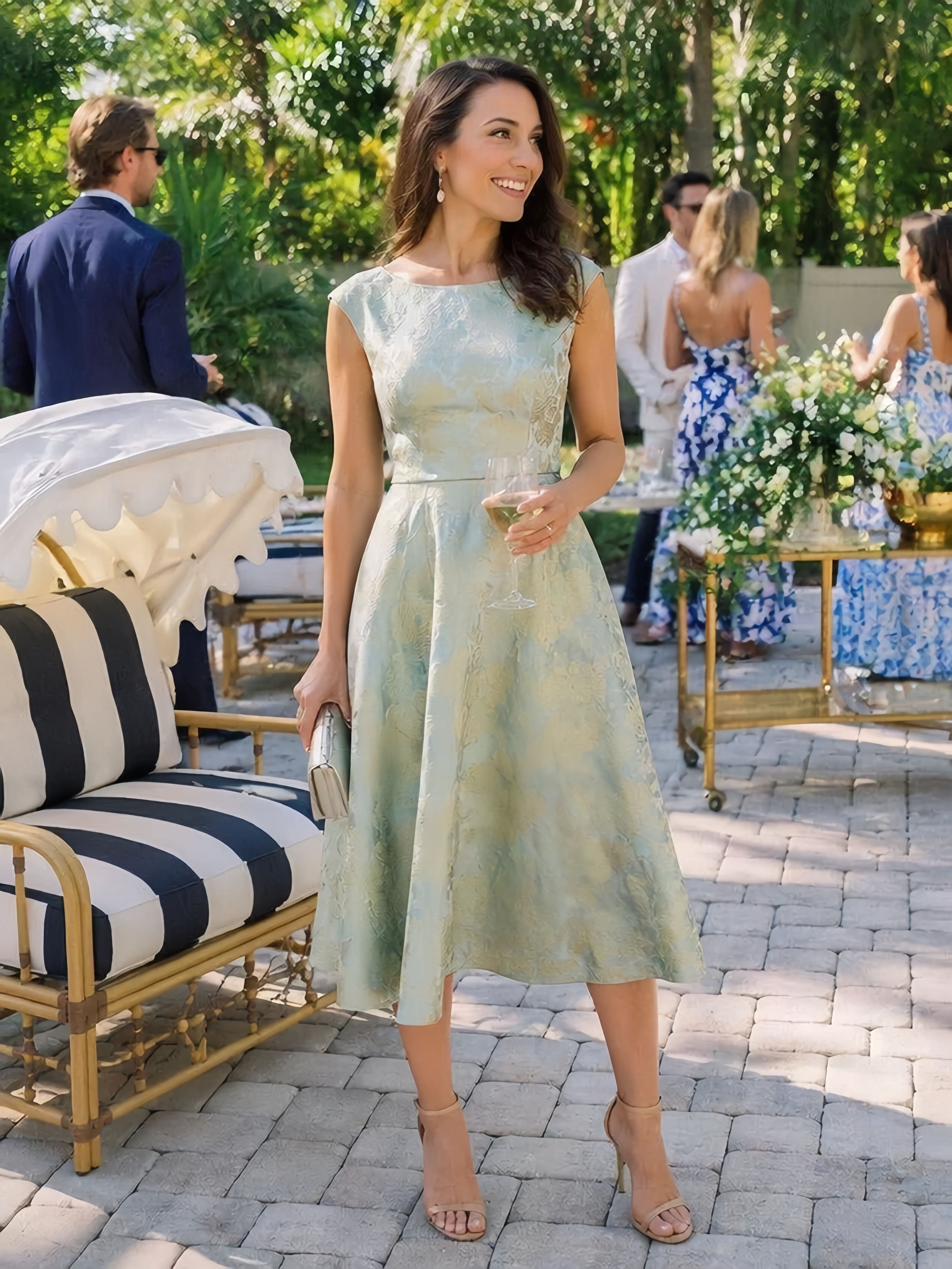 Printed Jacquard Cap Sleeve Dress #color_Sky Blue/Gold