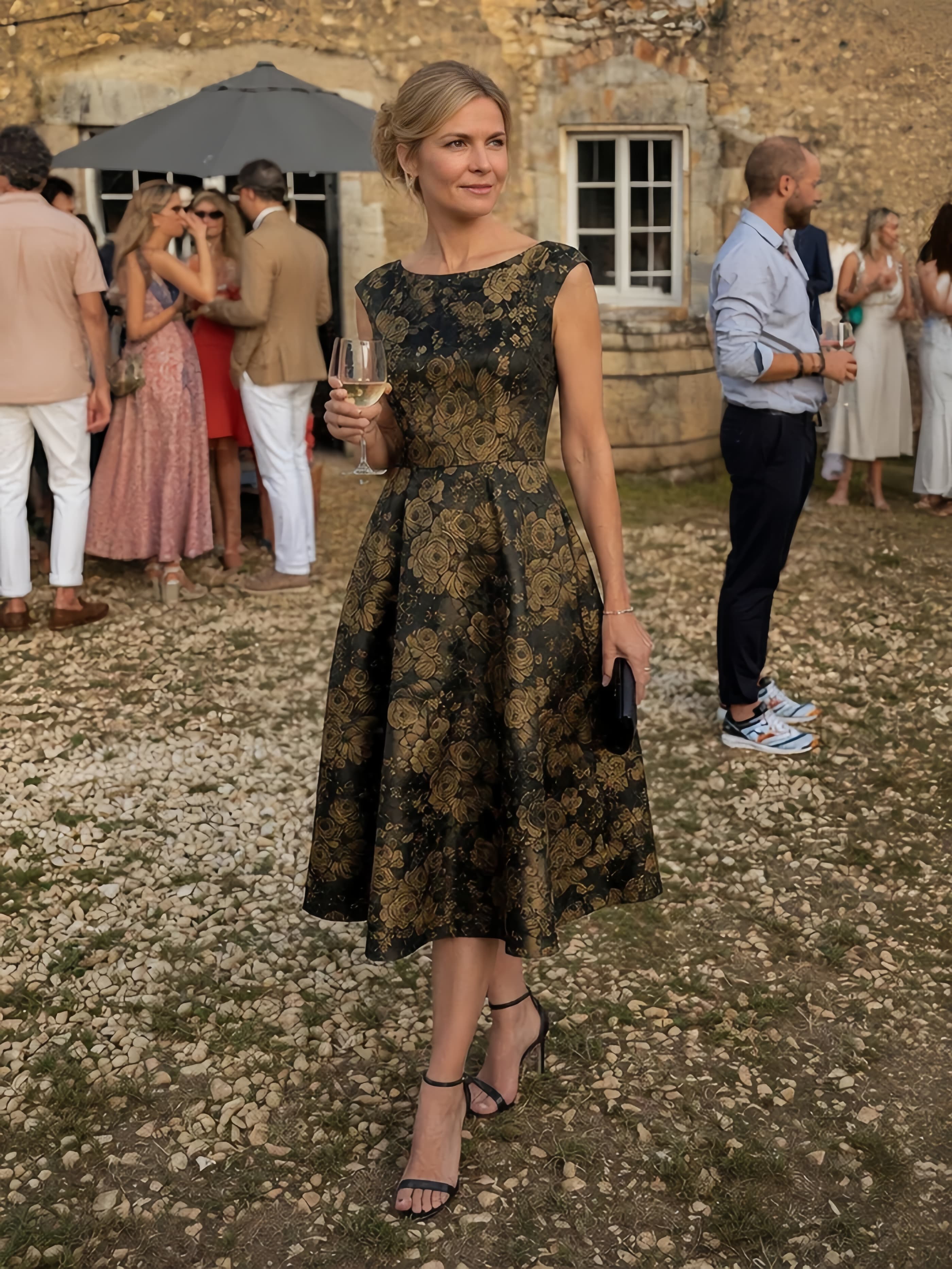 Printed Jacquard Cap Sleeve Dress #color_Black/Gold