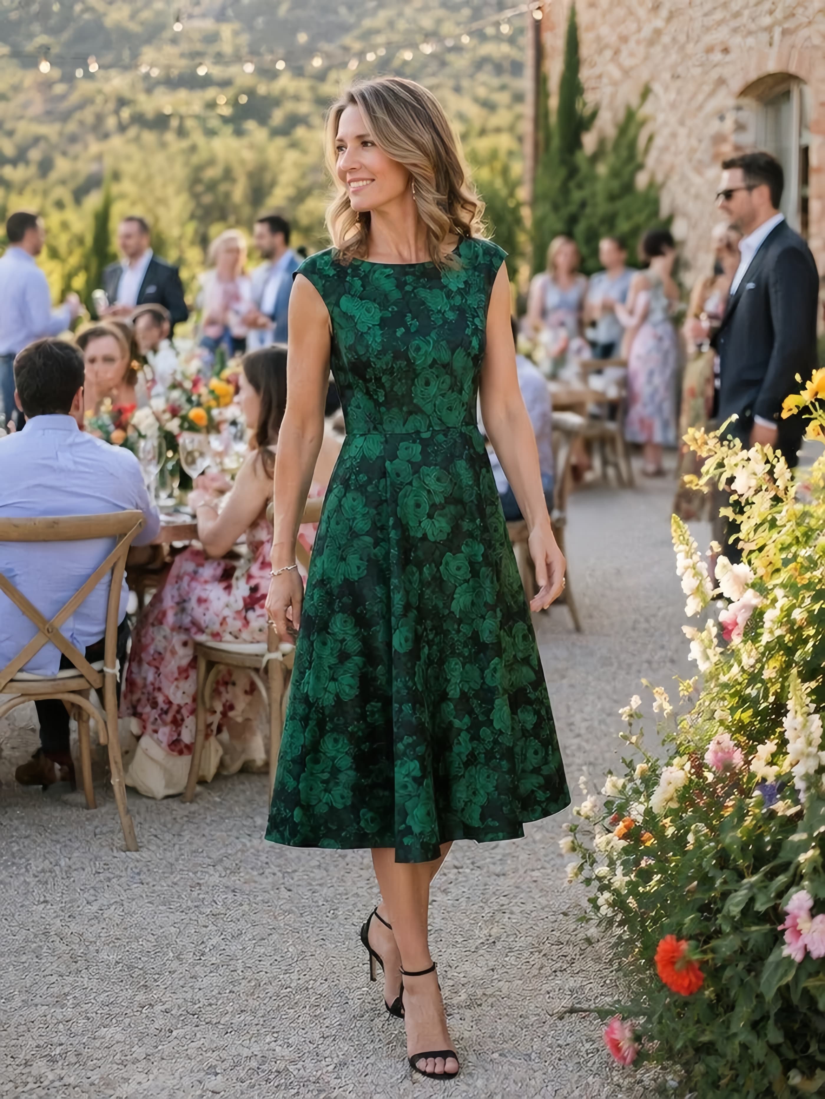 Printed Jacquard Cap Sleeve Dress #color_Dark Green/Black