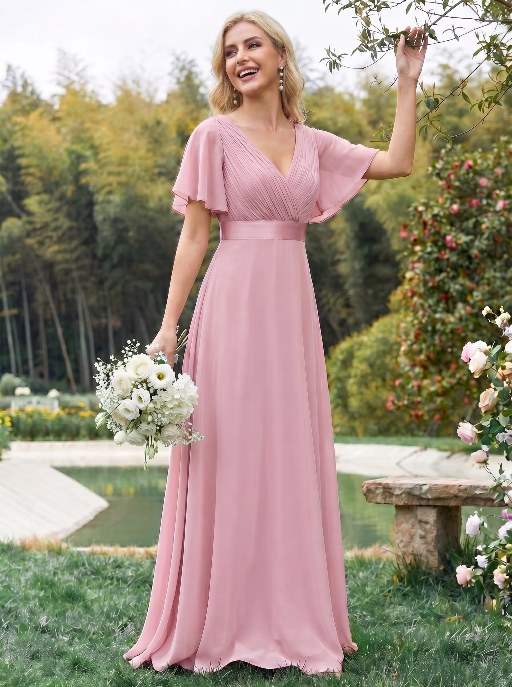 ever MONICA|Long Empire Waist Bridesmaid Dress with Short Flutter Sleeves