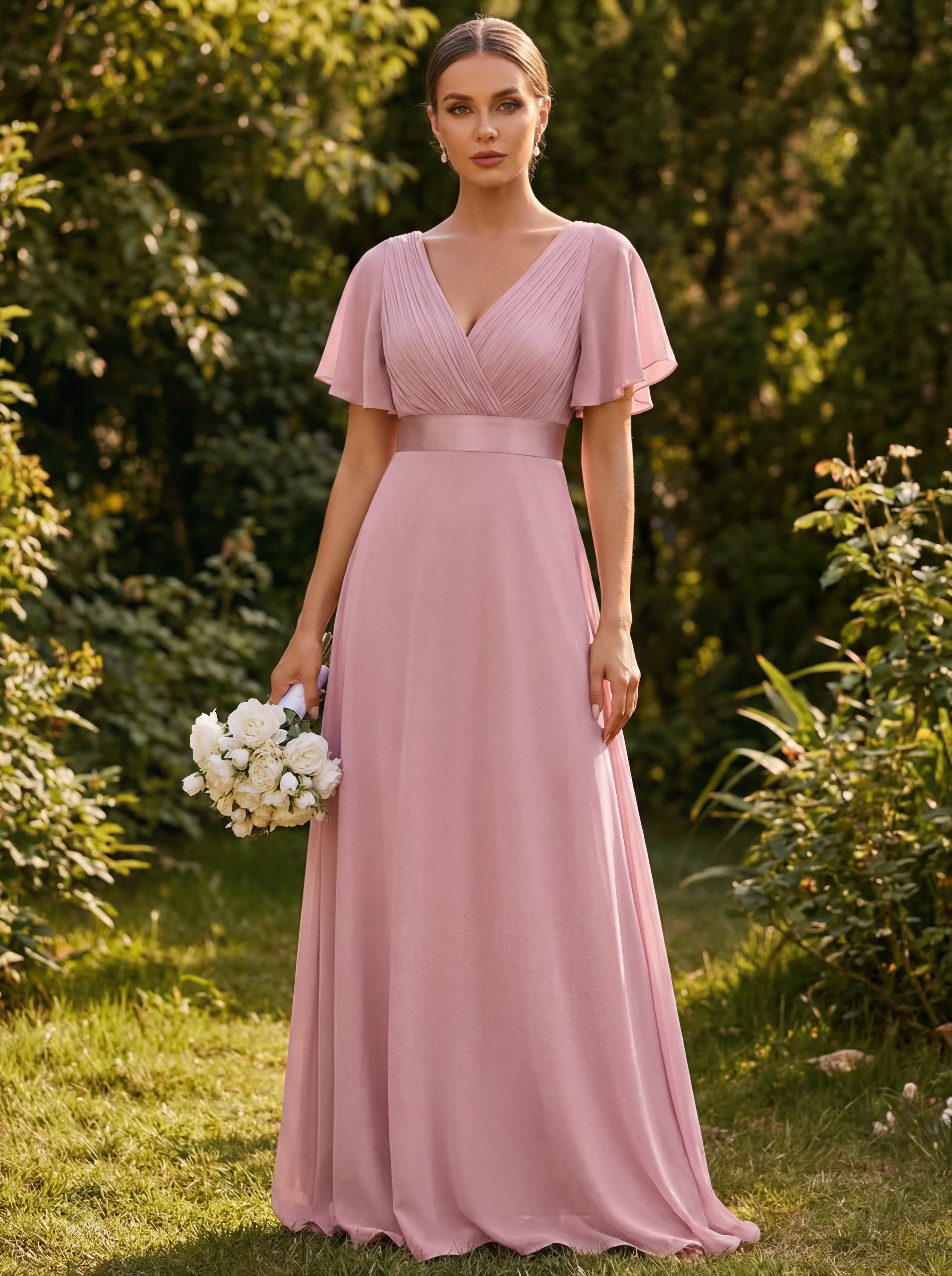 Empire Waist Floor Length Bridesmaid Dress with Short Flutter Sleeves #color_Dusty Rose