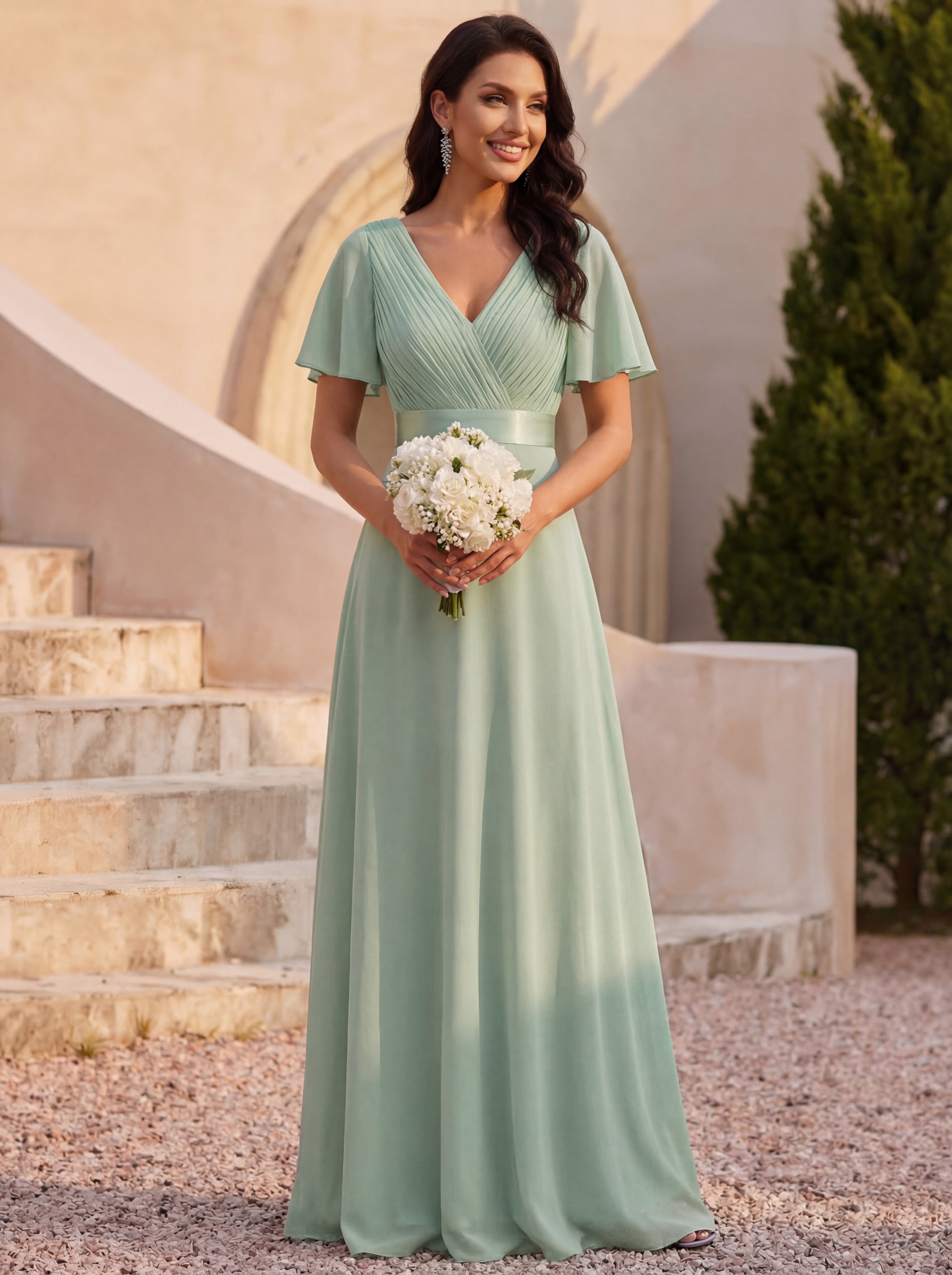 Long Empire Waist Bridesmaid Dress with Short Flutter Sleeves #color_Mint Green