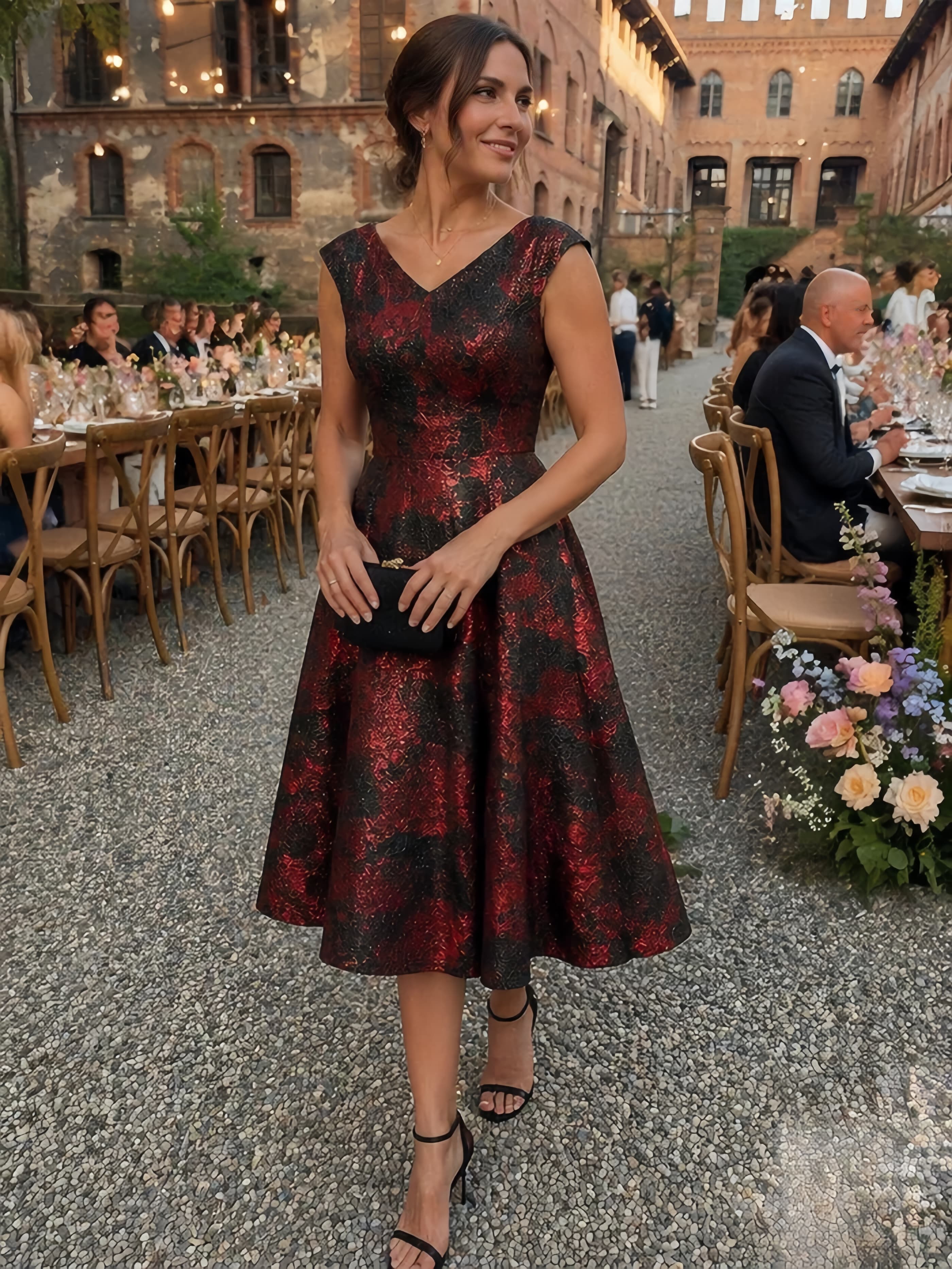 Knotted Jacquard Cape Sleeve Dress #color_Burgundy/Black