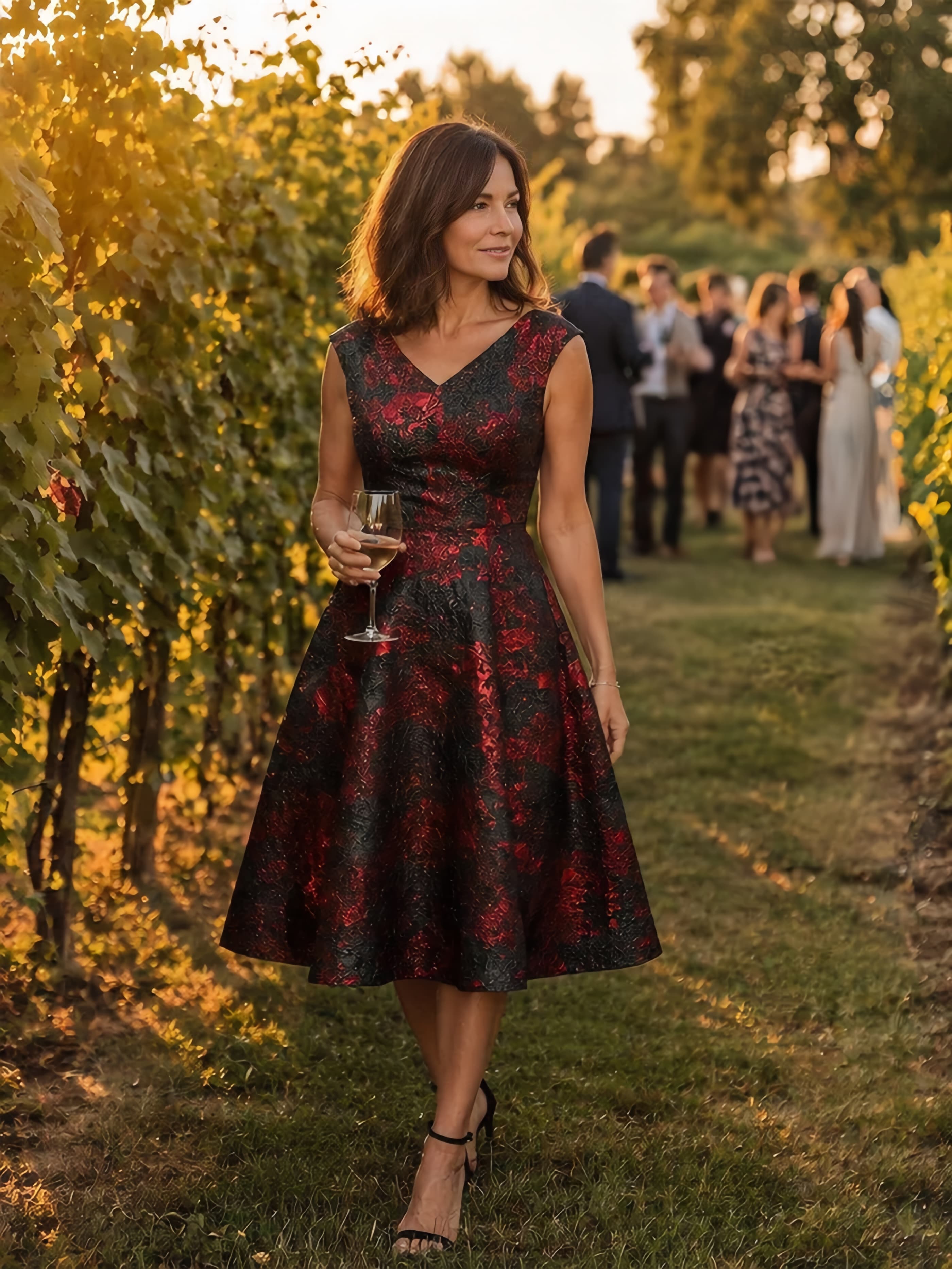 Knotted Jacquard Cape Sleeve Dress #color_Burgundy/Black