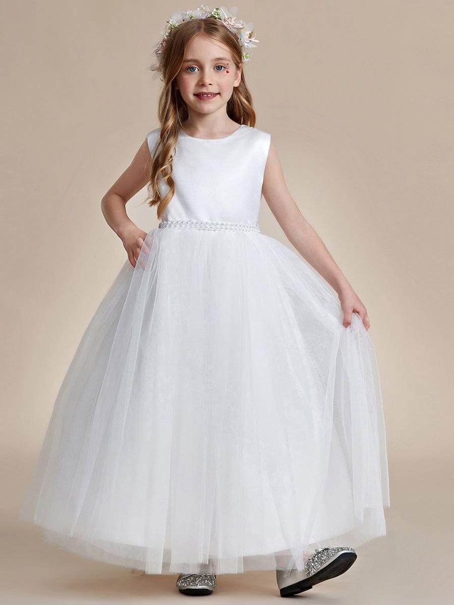 Satin Beaded Tulle Princess Flower Girl Dress With Back Bow #color_Cameo Brown Satin Beaded Tulle Princess Flower Girl Dress With Back Bow