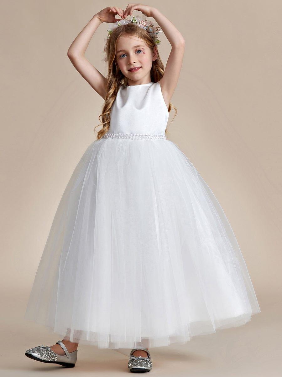Satin Beaded Tulle Princess Flower Girl Dress With Back Bow #color_Cameo Brown Satin Beaded Tulle Princess Flower Girl Dress With Back Bow