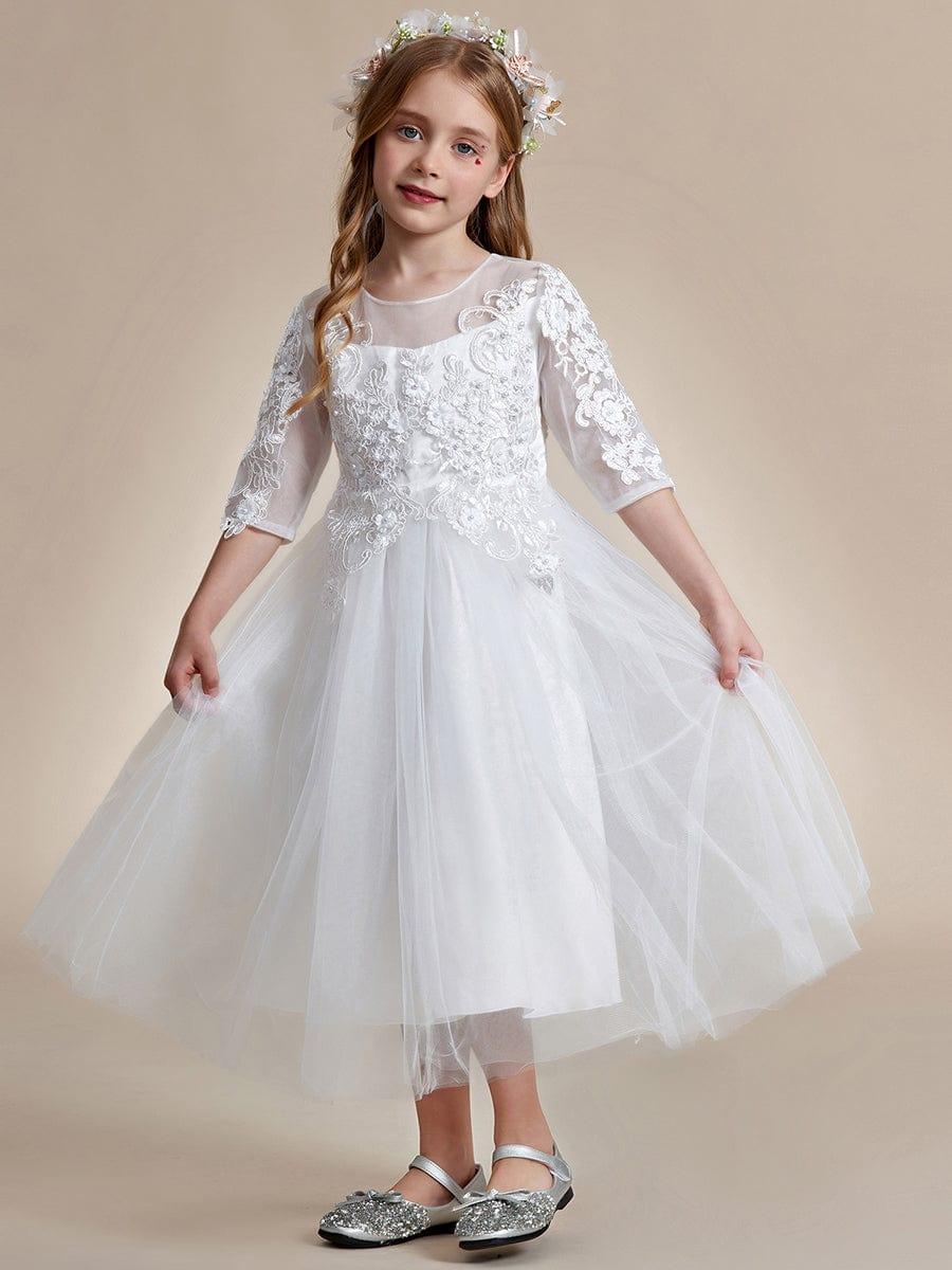 Flower Girl Dress in embroidered lace and tulle with mid-length sleeves #color_White