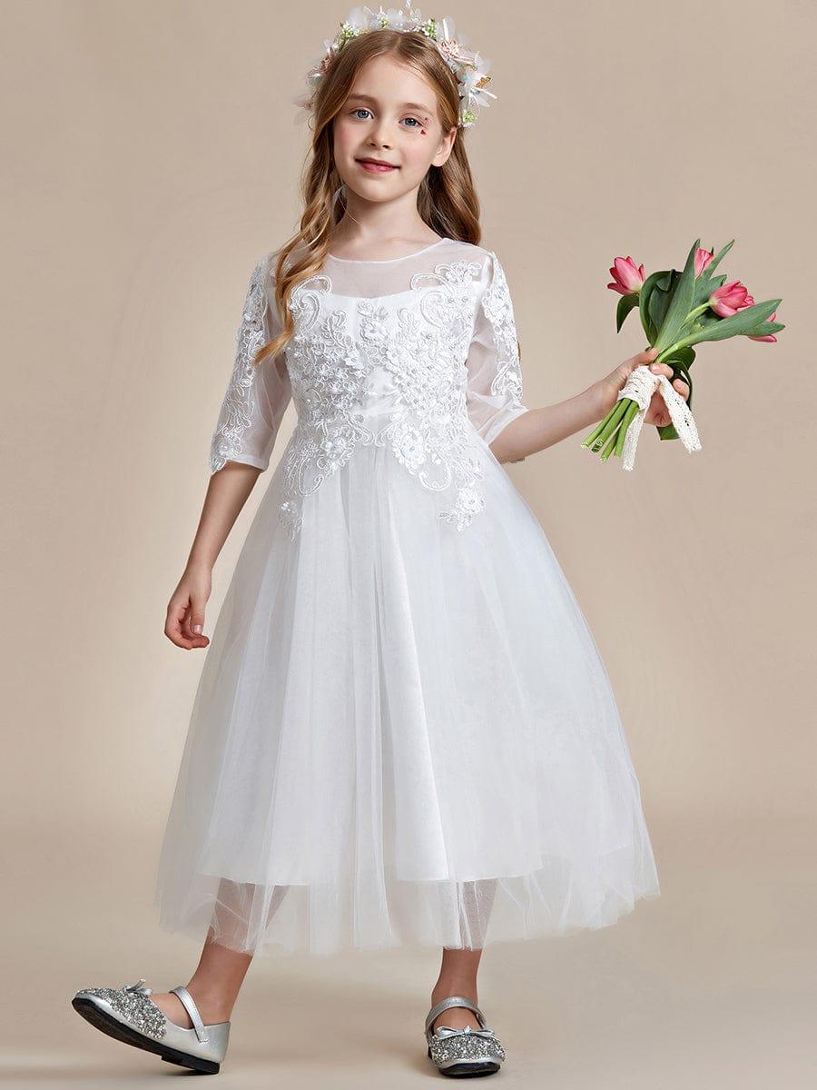 Flower Girl Dress in embroidered lace and tulle with mid-length sleeves #color_White