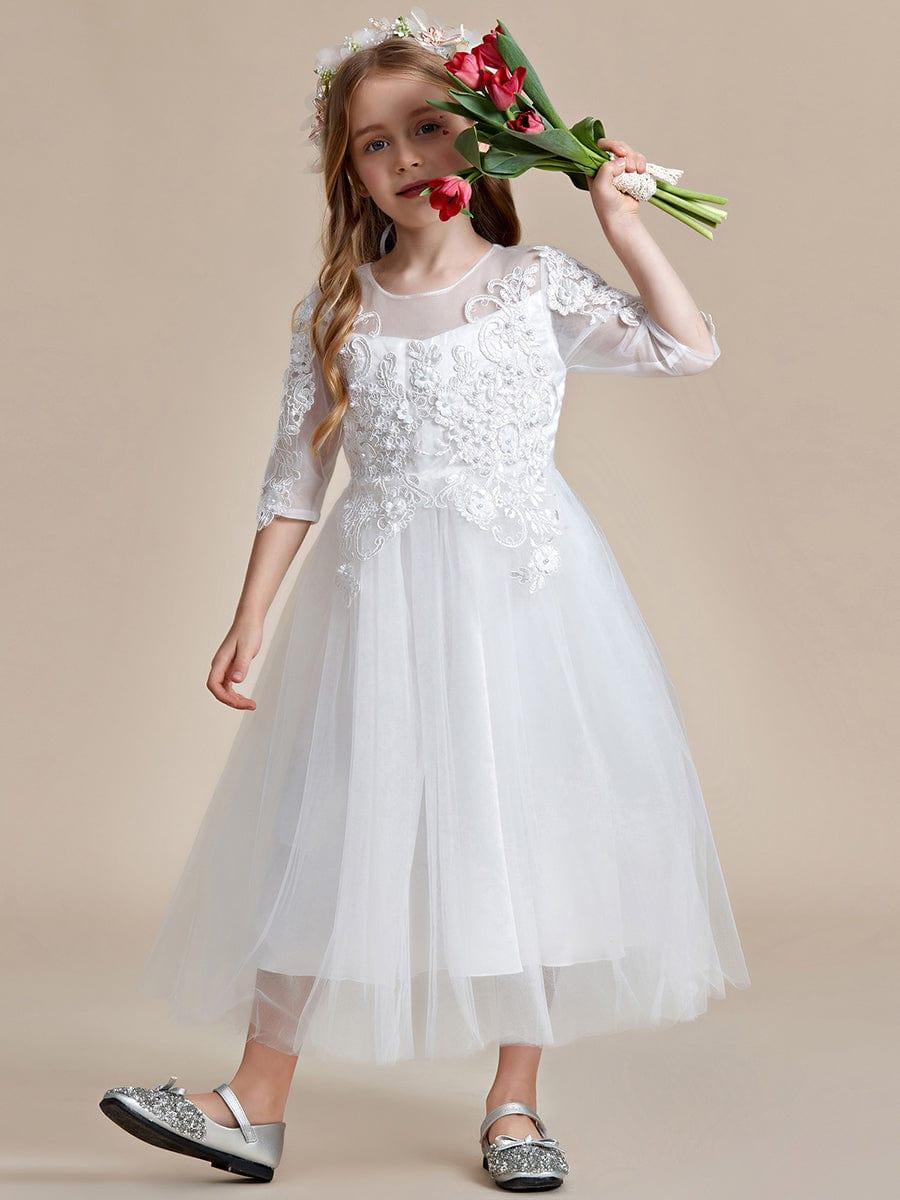 Flower Girl Dress in embroidered lace and tulle with mid-length sleeves #color_White