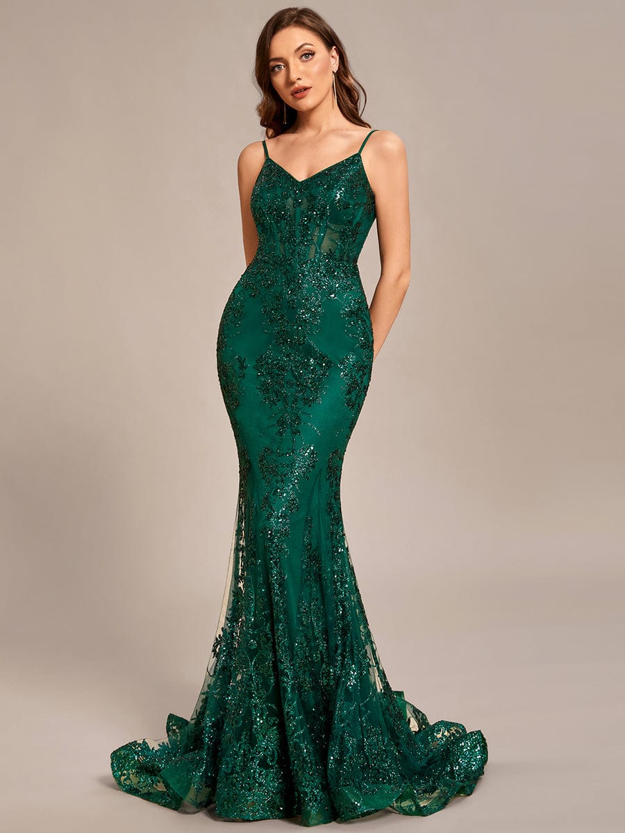 Custom Size tight backless see-through waist Floor-Length Prom Dress #color_Dark Green