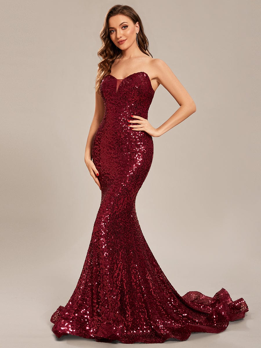 Custom Size Fashion Strapless Sweetheart Long Sequin Mermaid Prom Dress #color_Burgundy