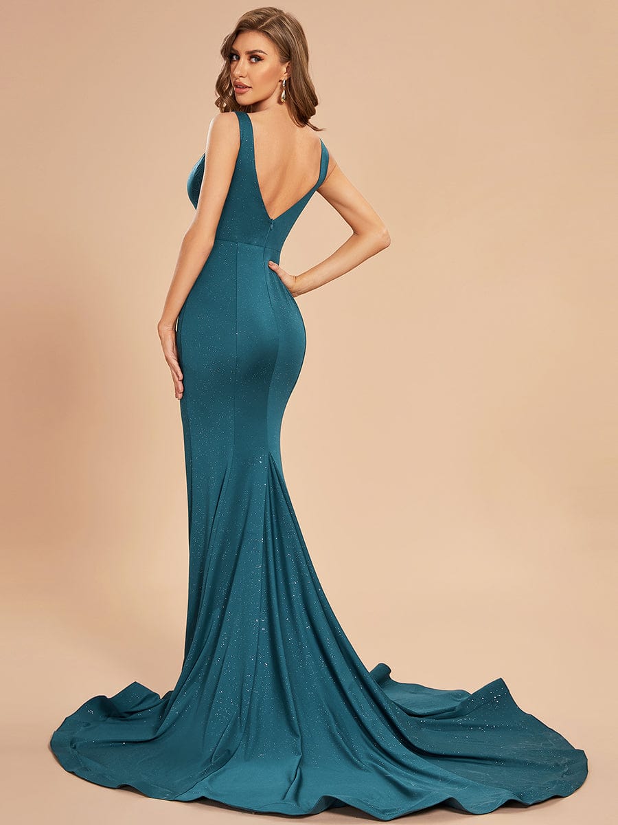 Custom Size High Stretch Sleeveless Glitter Bodycon Mermaid Prom Dress #color_Teal