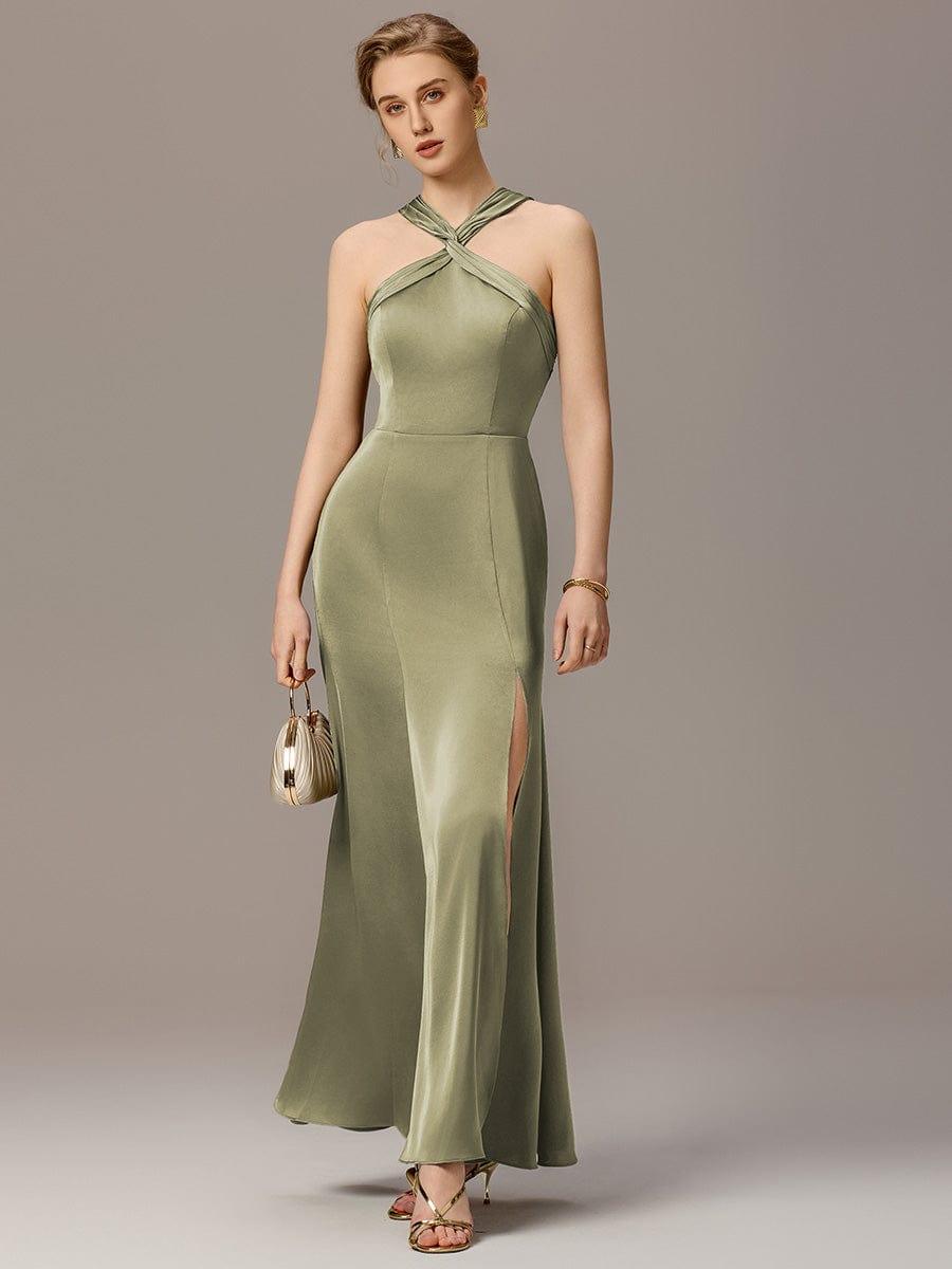 Satin Cross Halter Sleeveless Maxi Bridesmaid Dress #color_Sage Green