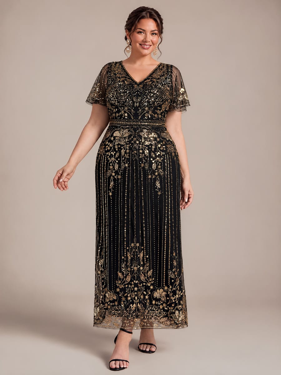 Tulle Maxi Length V-neckline Sheath Ruffle Sleeve Back zipper High Stretch Dress #color_Antique Gold