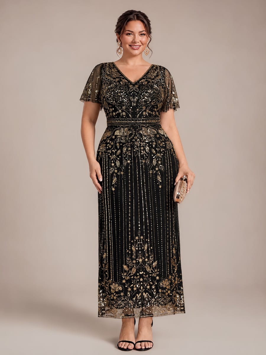 Tulle Maxi Length V-neckline Sheath Ruffle Sleeve Back zipper High Stretch Dress #color_Antique Gold
