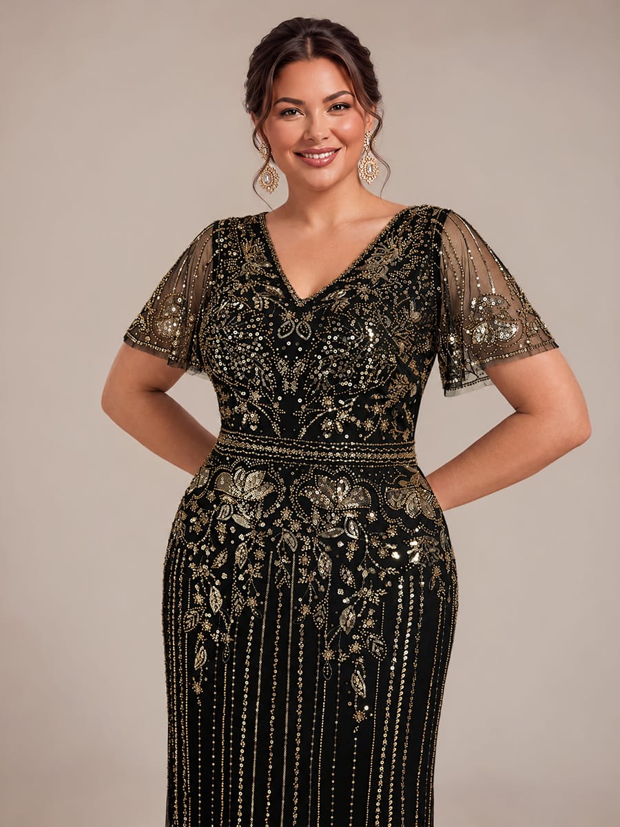Tulle Maxi Length V-neckline Sheath Ruffle Sleeve Back zipper High Stretch Dress #color_Antique Gold