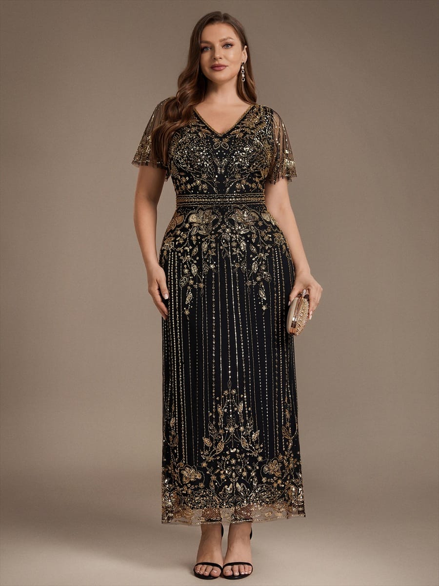 Tulle Maxi Length V-neckline Sheath Ruffle Sleeve Back zipper High Stretch Dress #color_Black & Gold