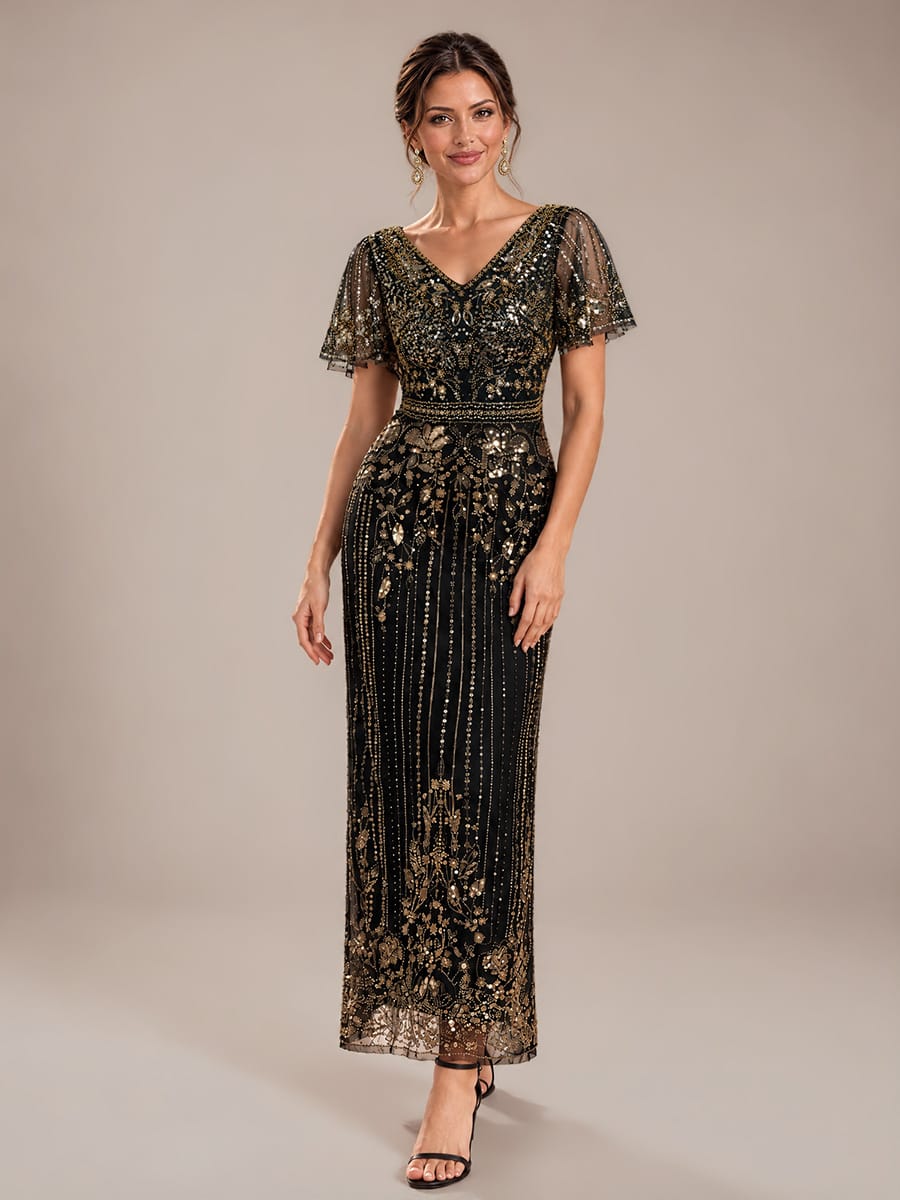 Tulle Maxi Length V-neckline Sheath Ruffle Sleeve Back zipper High Stretch Dress #color_Antique Gold