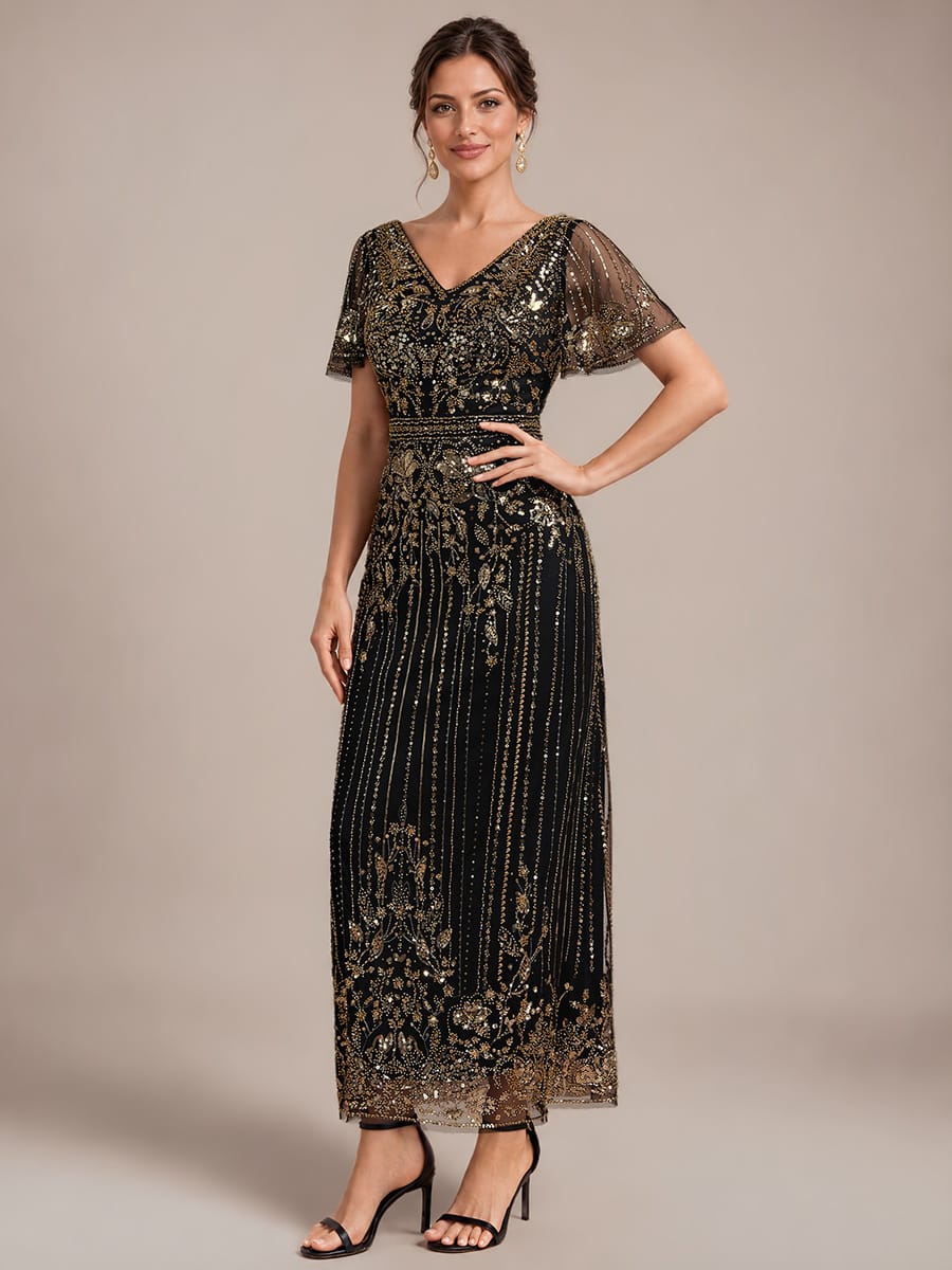 Tulle Maxi Length V-neckline Sheath Ruffle Sleeve Back zipper High Stretch Dress #color_Antique Gold