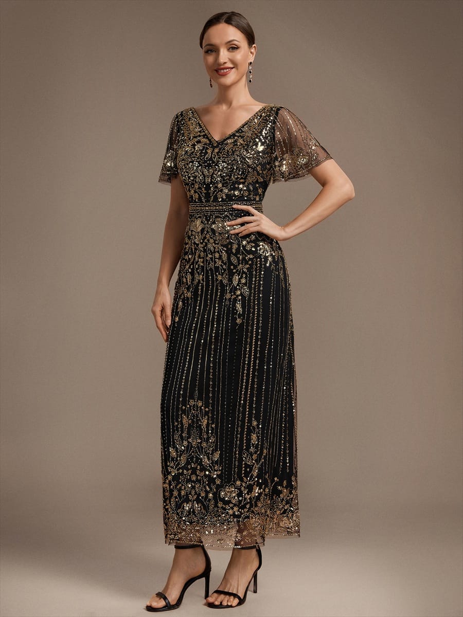 Tulle Maxi Length V-neckline Sheath Ruffle Sleeve Back zipper High Stretch Dress #color_Black & Gold