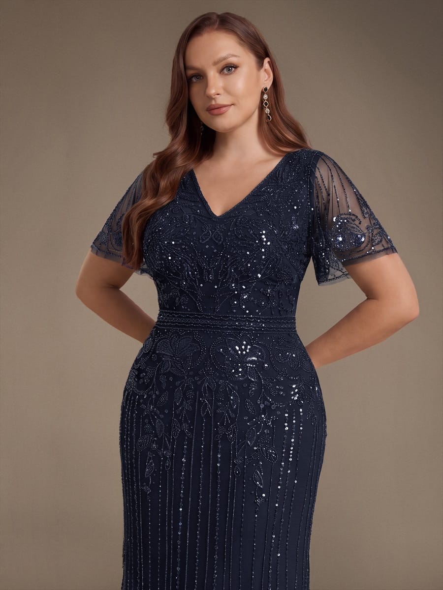 Tulle Maxi Length V-neckline Sheath Ruffle Sleeve Back zipper High Stretch Dress #color_Navy Blue