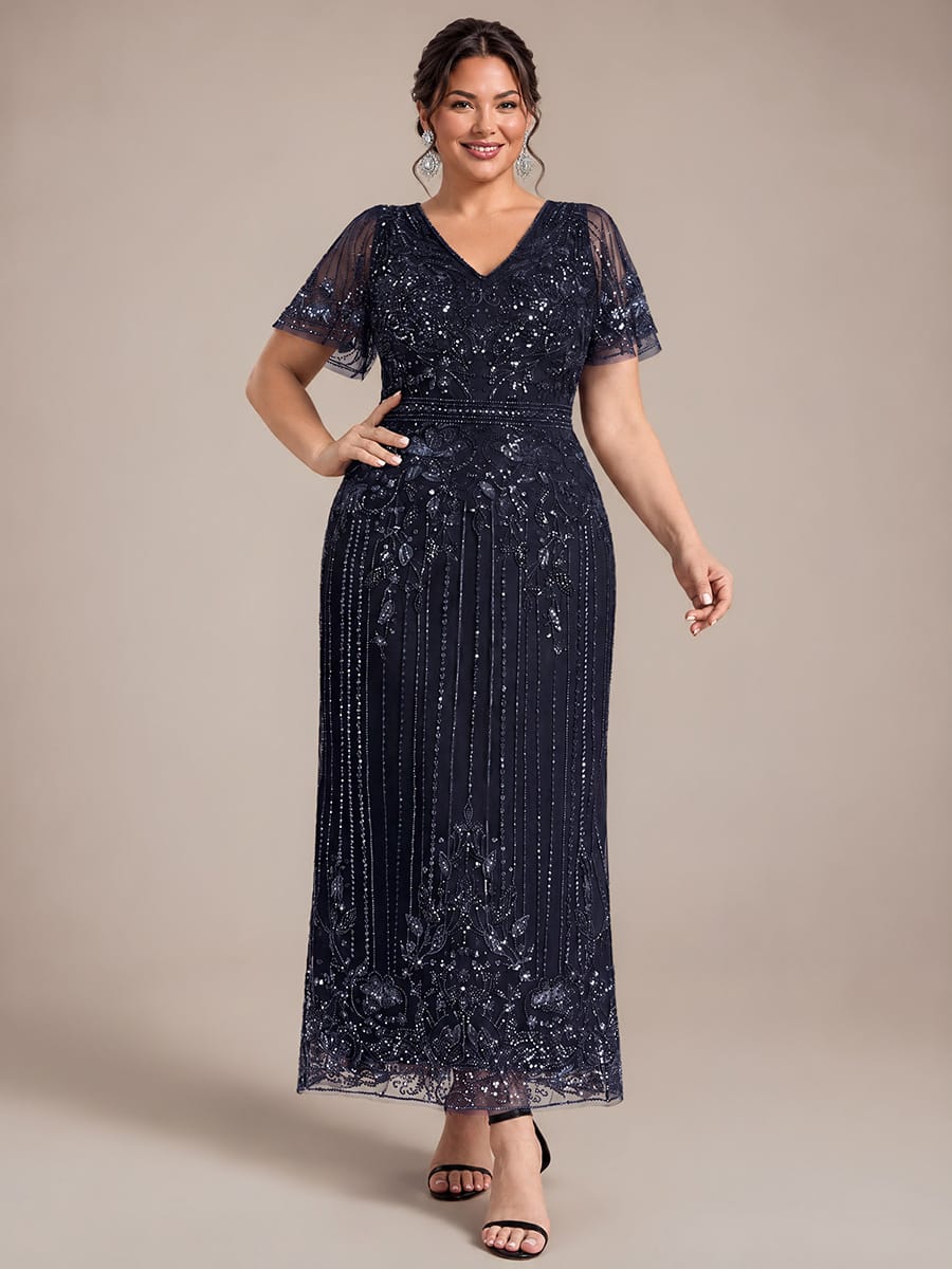 Tulle Maxi Length V-neckline Sheath Ruffle Sleeve Back zipper High Stretch Dress #color_Navy Blue