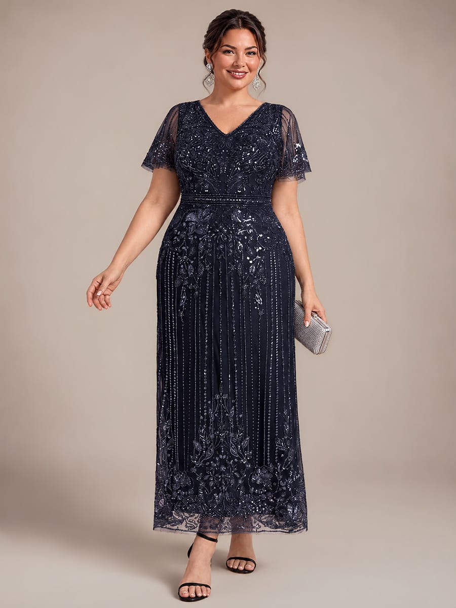 Tulle Maxi Length V-neckline Sheath Ruffle Sleeve Back zipper High Stretch Dress #color_Navy Blue