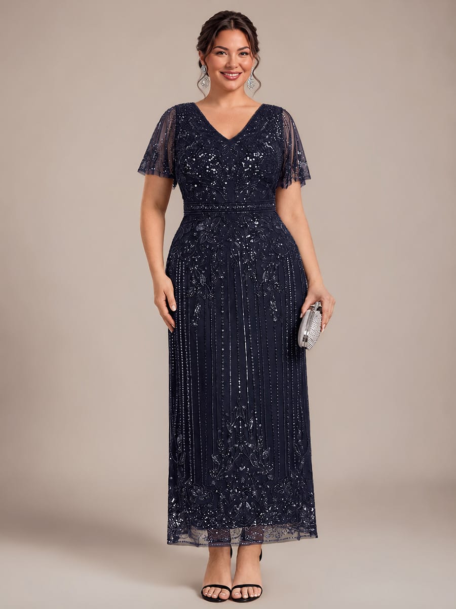 Tulle Maxi Length V-neckline Sheath Ruffle Sleeve Back zipper High Stretch Dress #color_Navy Blue