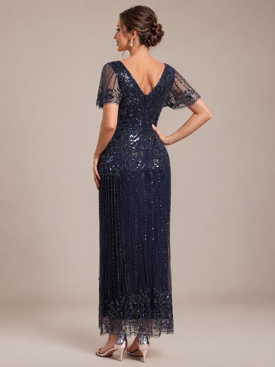 Tulle Maxi Length V-neckline Sheath Ruffle Sleeve Back zipper High Stretch Dress #color_Navy Blue