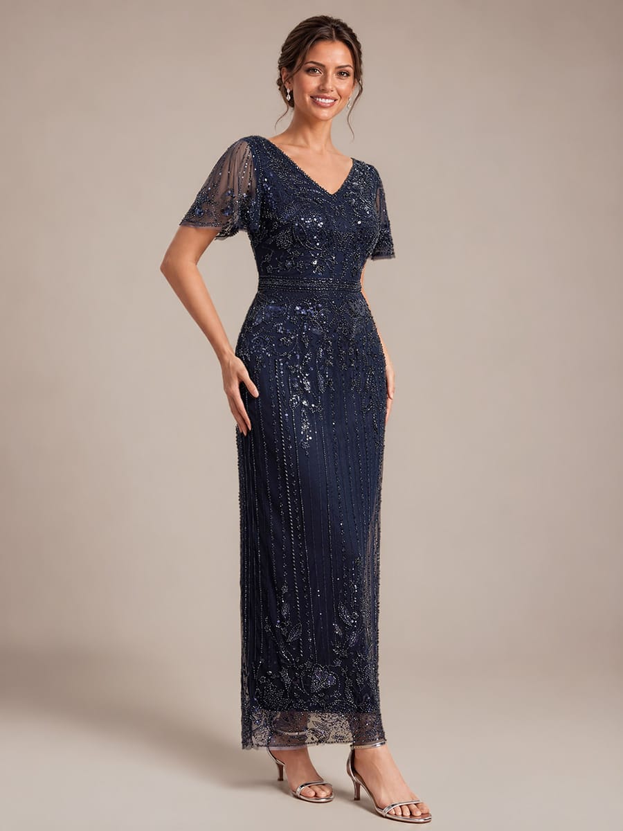 Tulle Maxi Length V-neckline Sheath Ruffle Sleeve Back zipper High Stretch Dress #color_Navy Blue