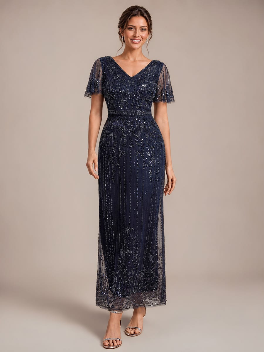 Tulle Maxi Length V-neckline Sheath Ruffle Sleeve Back zipper High Stretch Dress #color_Navy Blue
