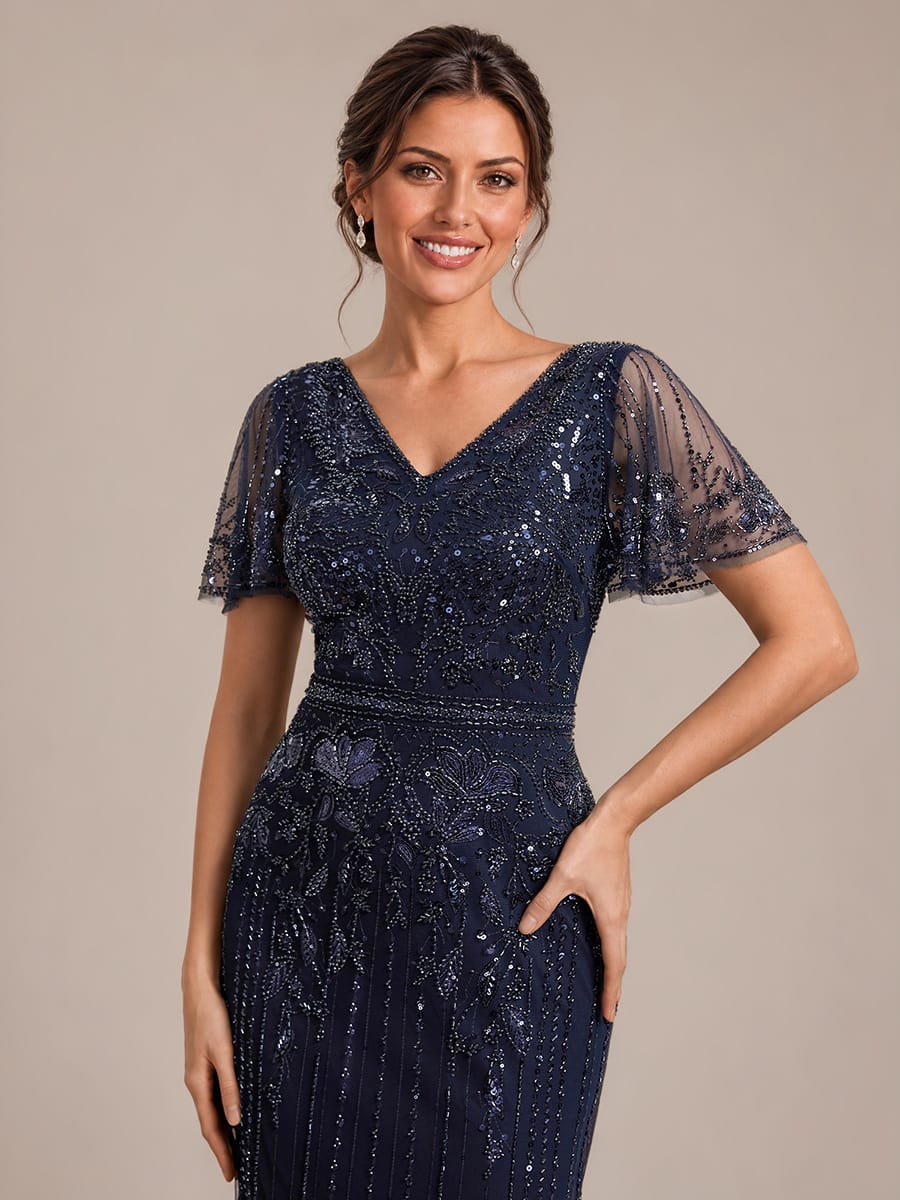 Tulle Maxi Length V-neckline Sheath Ruffle Sleeve Back zipper High Stretch Dress #color_Navy Blue