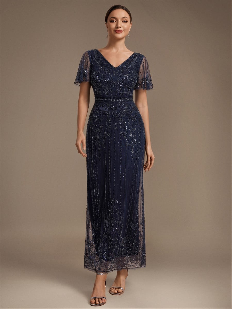 Tulle Maxi Length V-neckline Sheath Ruffle Sleeve Back zipper High Stretch Dress #color_Navy Blue