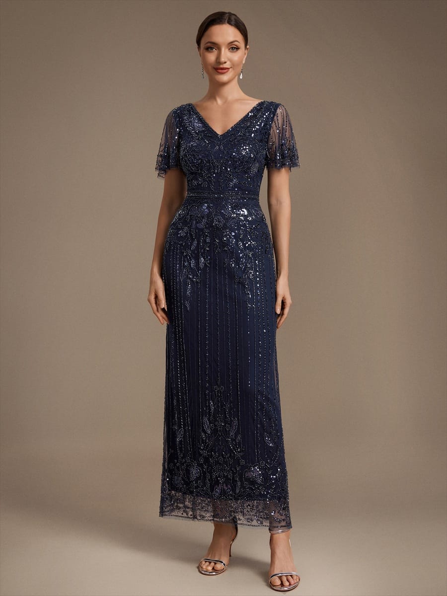 Tulle Maxi Length V-neckline Sheath Ruffle Sleeve Back zipper High Stretch Dress #color_Navy Blue
