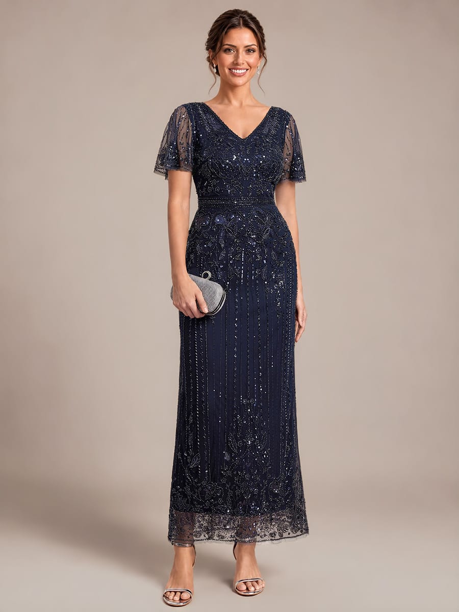 Tulle Maxi Length V-neckline Sheath Ruffle Sleeve Back zipper High Stretch Dress #color_Navy Blue