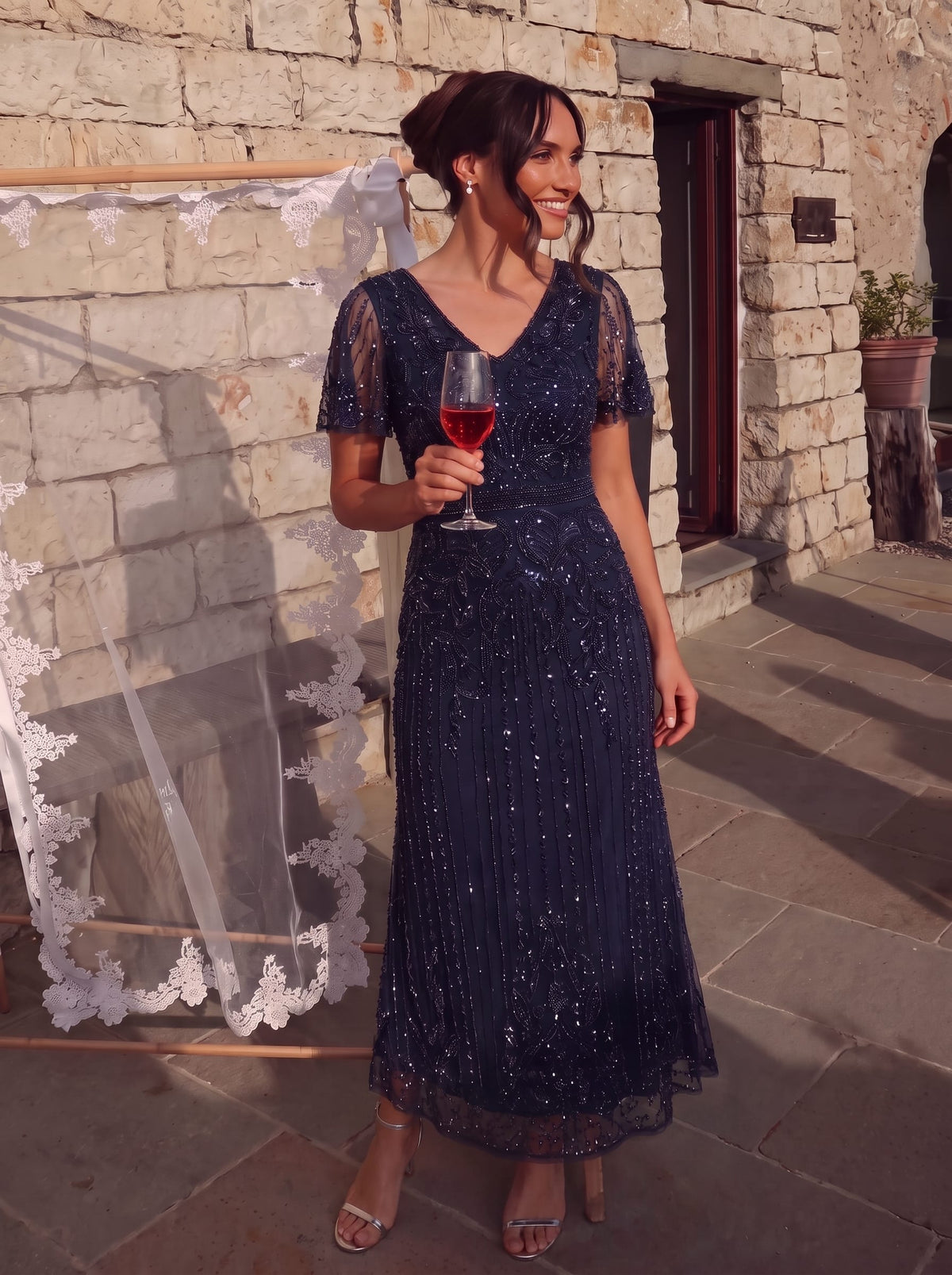Tulle Maxi Length V-neckline Sheath Ruffle Sleeve Back zipper High Stretch Dress #color_Navy Blue