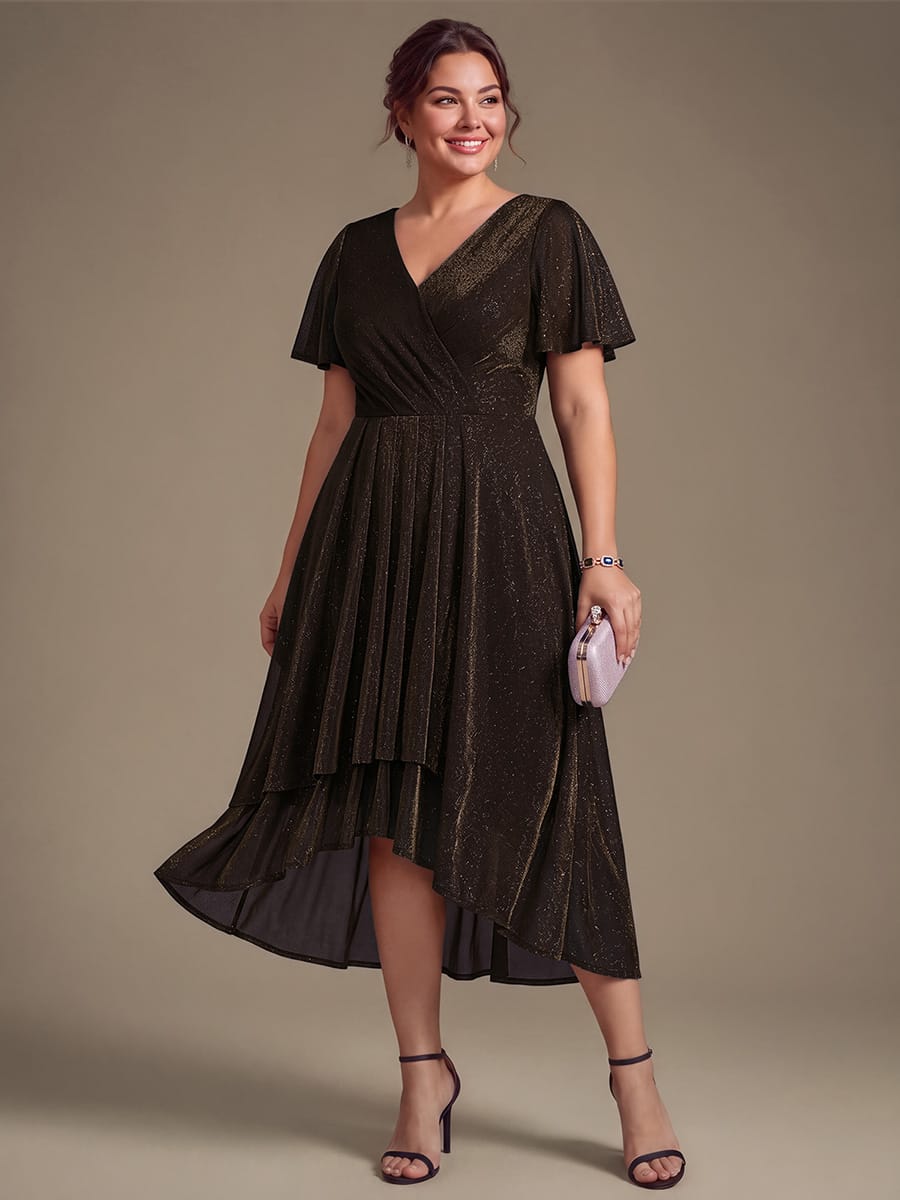 Lurex Mesh Ruffle Sleeve A-line Dress #color_Brown