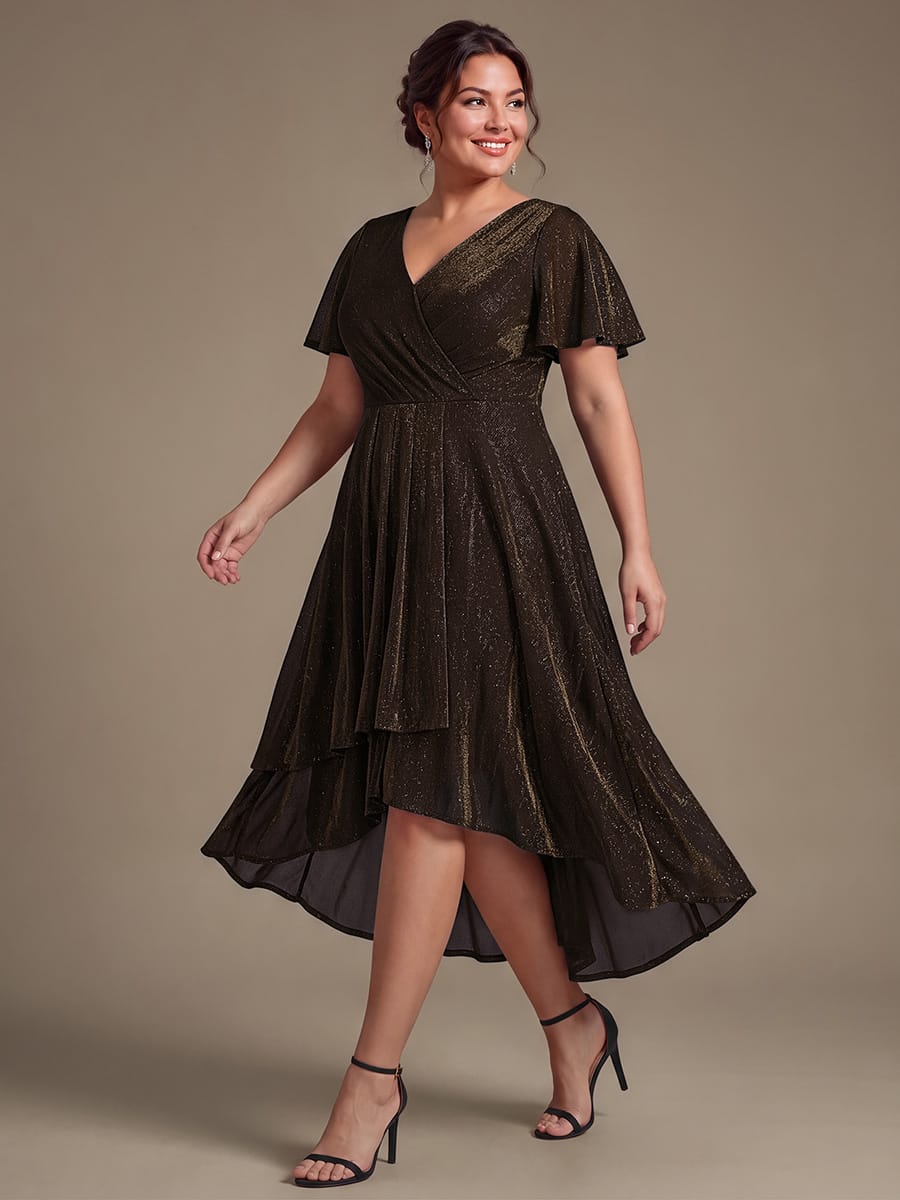 Lurex Mesh Ruffle Sleeve A-line Dress #color_Brown