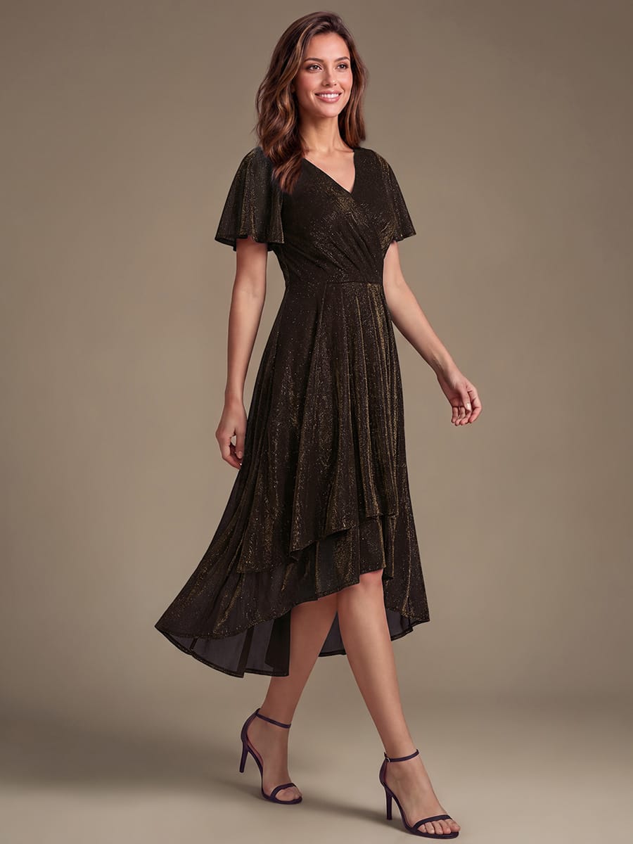 Lurex Mesh Ruffle Sleeve A-line Dress #color_Brown
