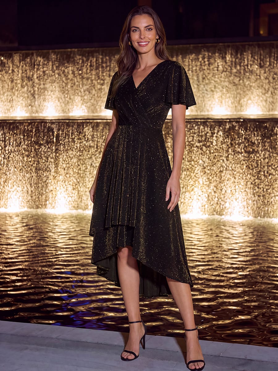 Lurex Mesh Ruffle Sleeve A-line Dress #color_Brown