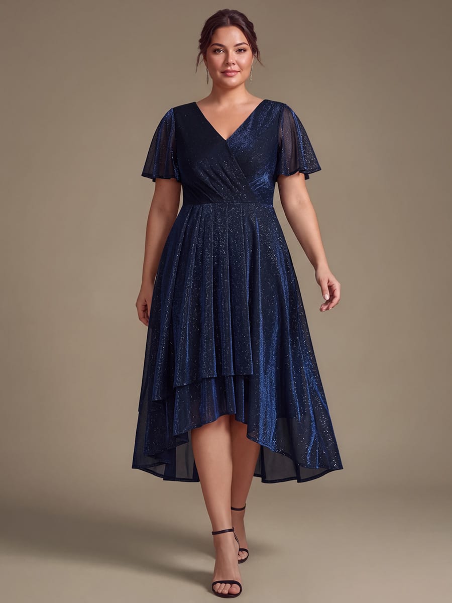 Lurex Mesh Ruffle Sleeve A-line Dress #color_Navy Blue