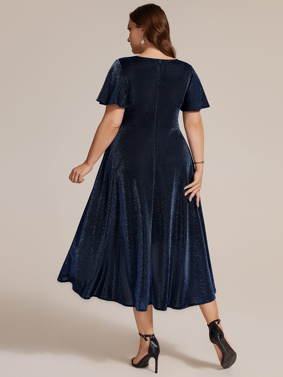 Lurex Mesh Ruffle Sleeve A-line Dress #color_Navy Blue